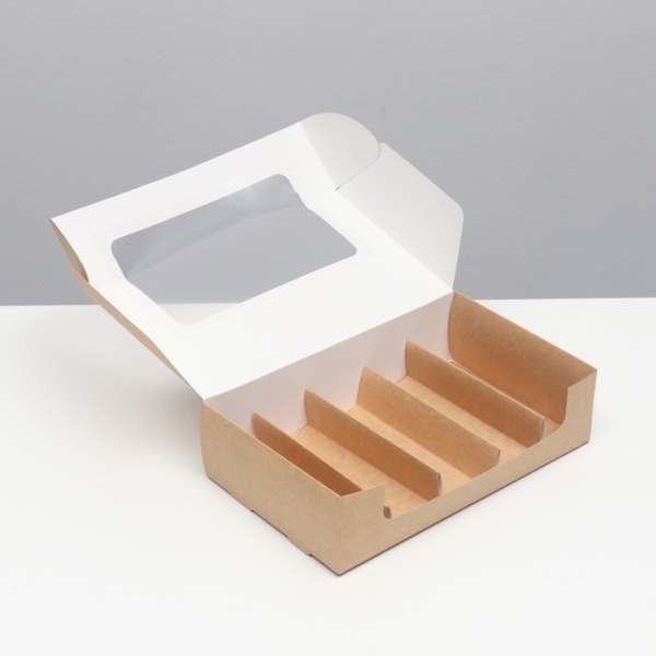 Коробка для эклеров и эскимо с окном, 25х15х6,6 см (5 ячеек), крафт