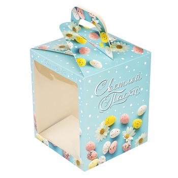 Коробка для кулича с окном "Светлой пасхи, голубая" 15*15*18 см