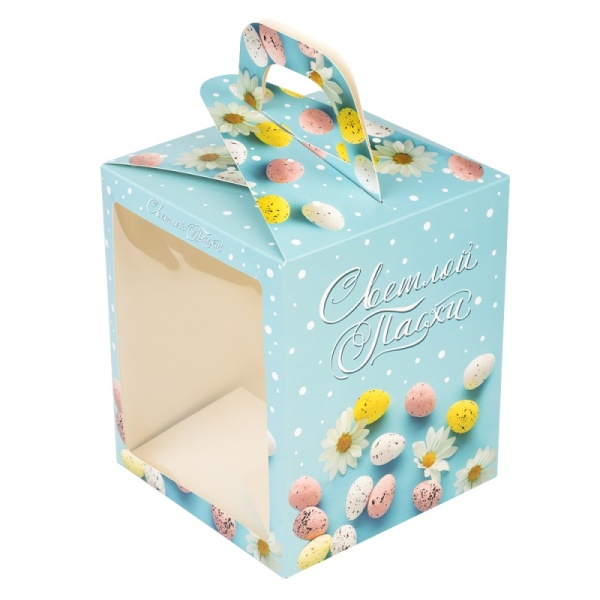 Коробка для кулича с окном "Светлой пасхи, голубая" 15*15*18 см