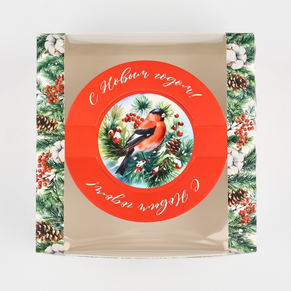 Коробка под бенто-торт с окном "Новогодняя ботаника", 14 х 14 х 8 см