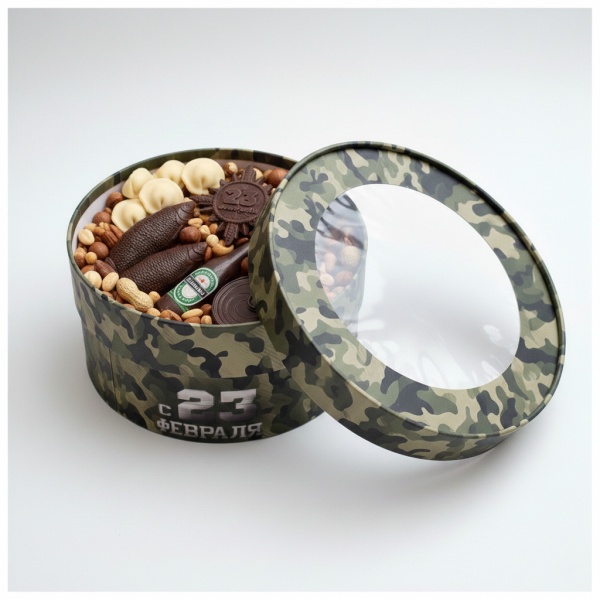 Коробка круглая с окном 16*7 см, 23 ФЕВРАЛЯ