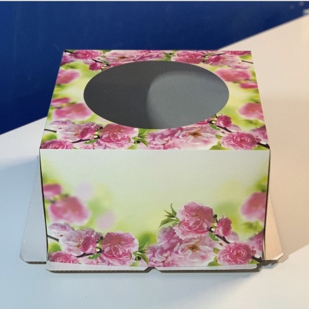 Коробка для торта САКУРА с окном хром-эрзац 300*300*190 мм