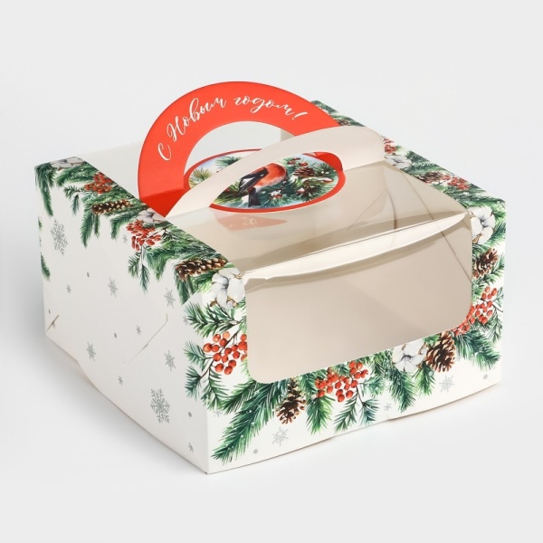 Коробка под бенто-торт с окном "Новогодняя ботаника", 14 х 14 х 8 см