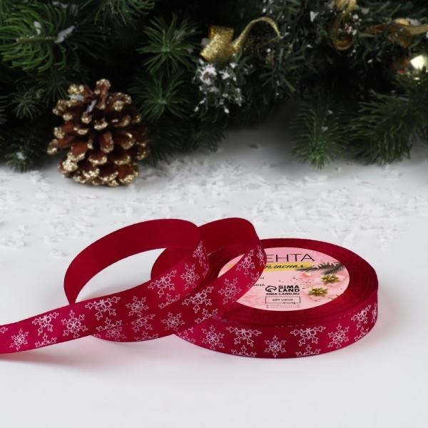 Лента атласная «Снежинки», 15 мм, 23 ± 1 м, цвет красный