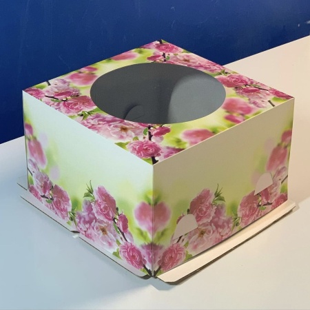 Коробка для торта САКУРА с окном хром-эрзац 300*300*190 мм