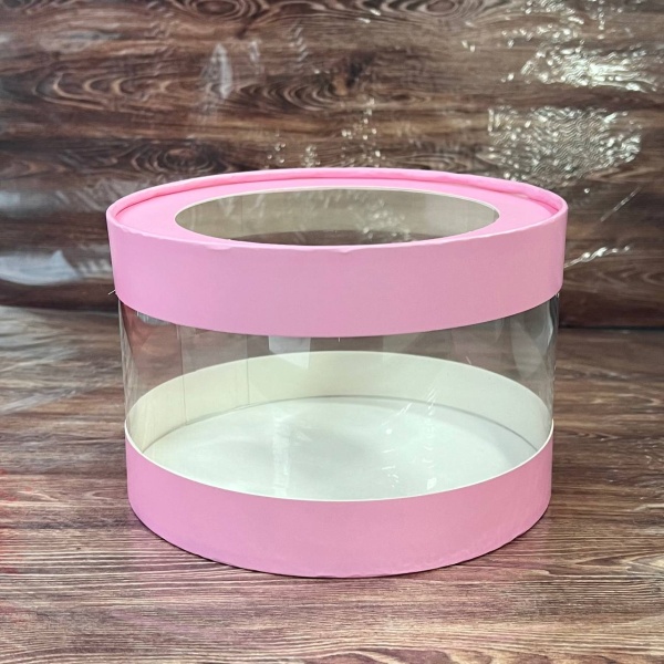 Коробка круглая с прозрачными стенками и окном 20*10 см, розовая (АКВАШАЙБА)