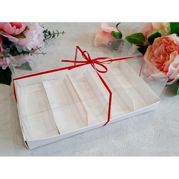 Коробка для эклеров и пирожных с прозрачным куполом 220*135*70 мм (5 ячеек), белая