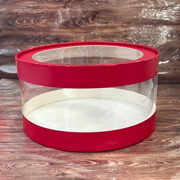 Коробка круглая с прозрачными стенками и окном 20*10 см, красная (АКВАШАЙБА)